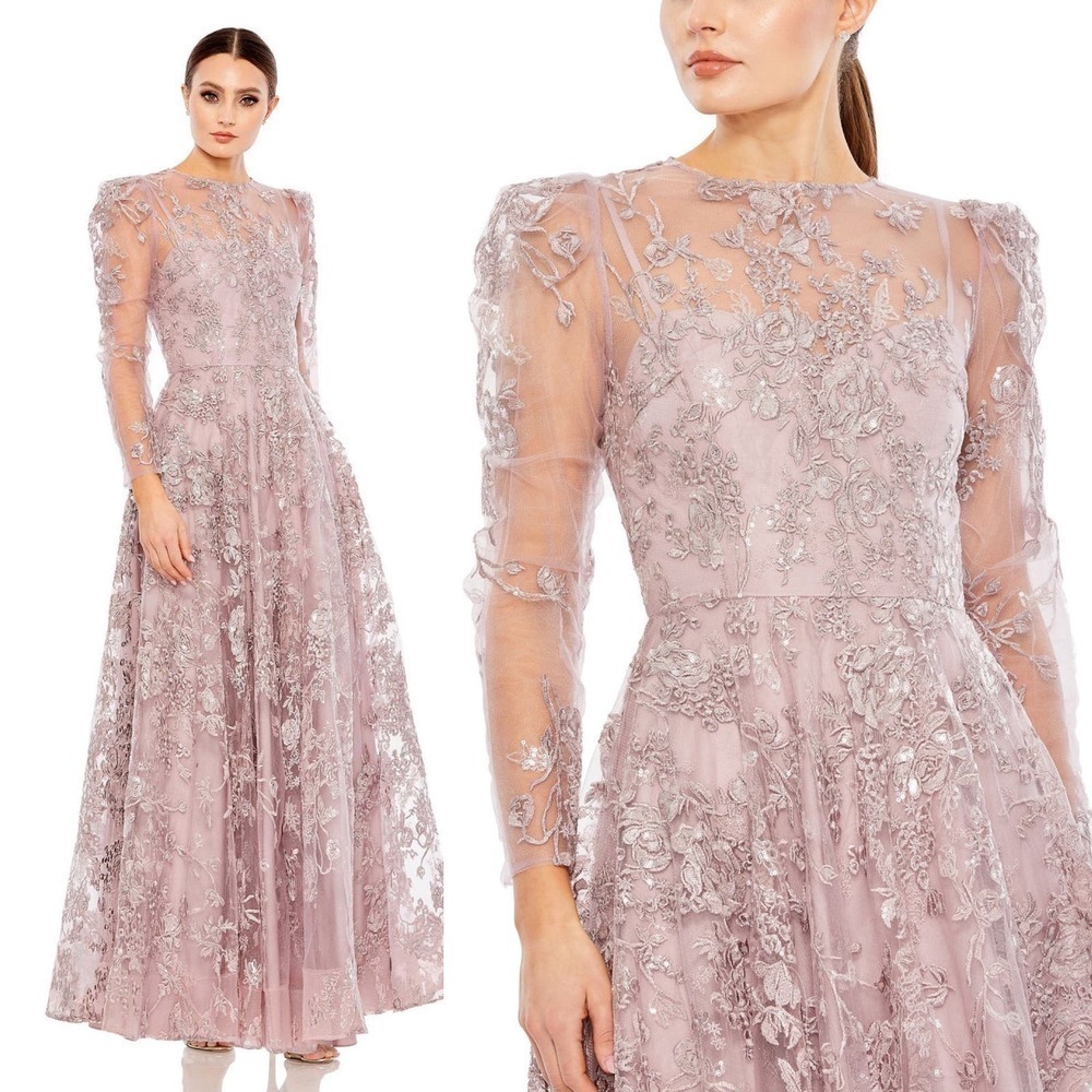Mac Duggal Blush Pink Embroidered Tulle Maxi Gown